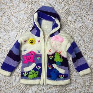 Vintage Baby Girl 2t Purple Peruvian Hooded Applique Full Zip Sweater